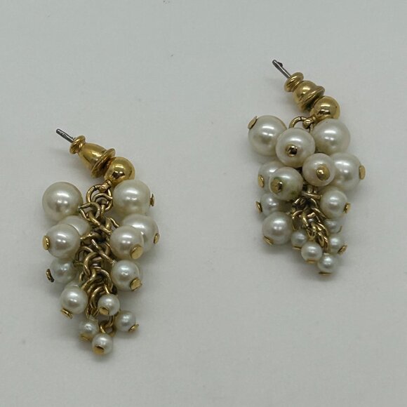Vintage Faux Pearl Cluster Earrings Gold-Tone Dangle Wedding Prom Elegant - Picture 6 of 14